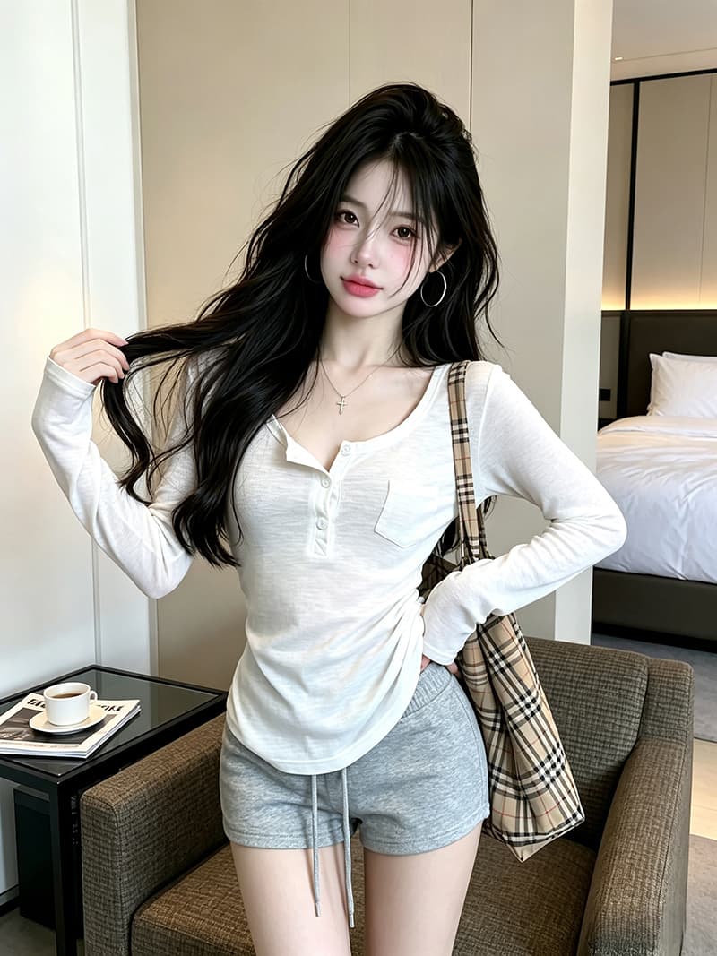 있음 보호 가을 켜기 새로운 프라임 조정 아름다움 순수한 욕망 바람 V넥 긴팔 티셔츠 펌프 로프 스트라이프 반바지 세트 여성 상세 이미지 8