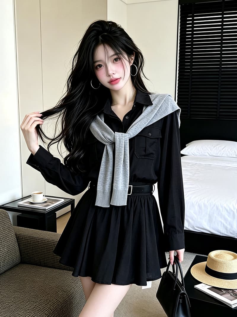 있음 보호 가을 켜기 새로운 분위기 스택 착용 한 부서 품격 허리 수축 슬림해 보이는 긴팔 여성 셔츠 숄 벨트 이미지 2