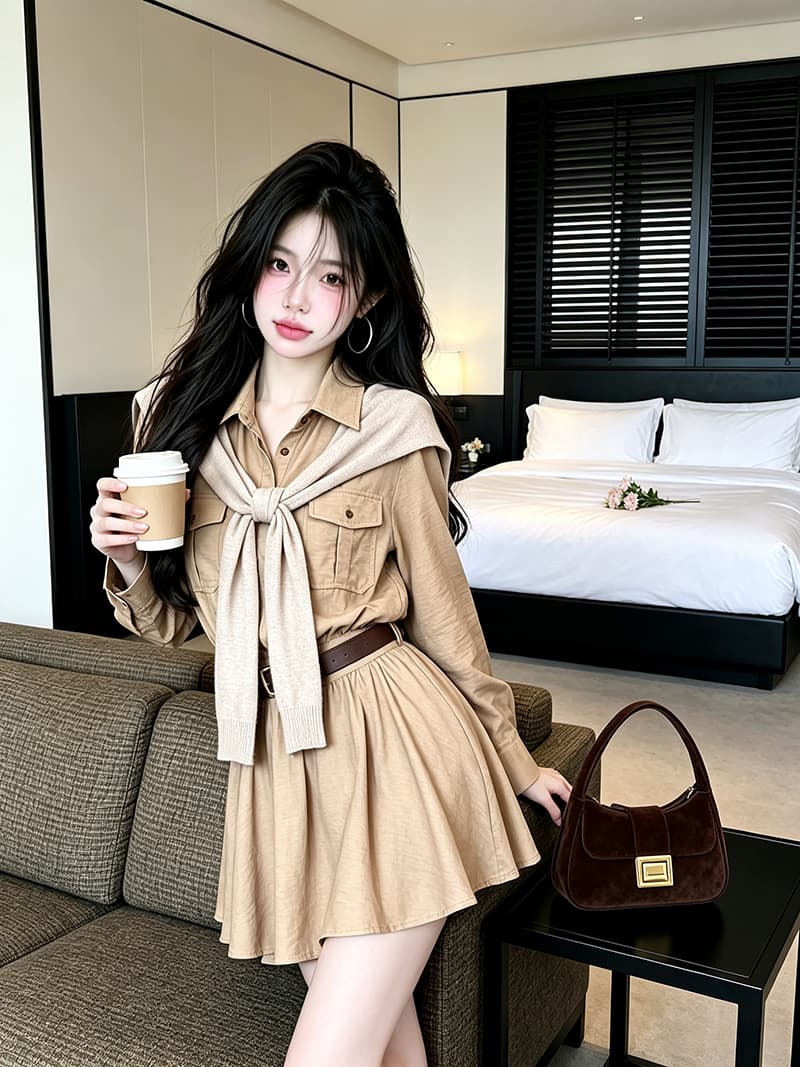 있음 보호 가을 켜기 새로운 분위기 스택 착용 한 부서 품격 허리 수축 슬림해 보이는 긴팔 여성 셔츠 숄 벨트 상세 이미지 3
