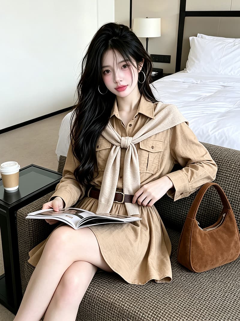 있음 보호 가을 켜기 새로운 분위기 스택 착용 한 부서 품격 허리 수축 슬림해 보이는 긴팔 여성 셔츠 숄 벨트 상세 이미지 4