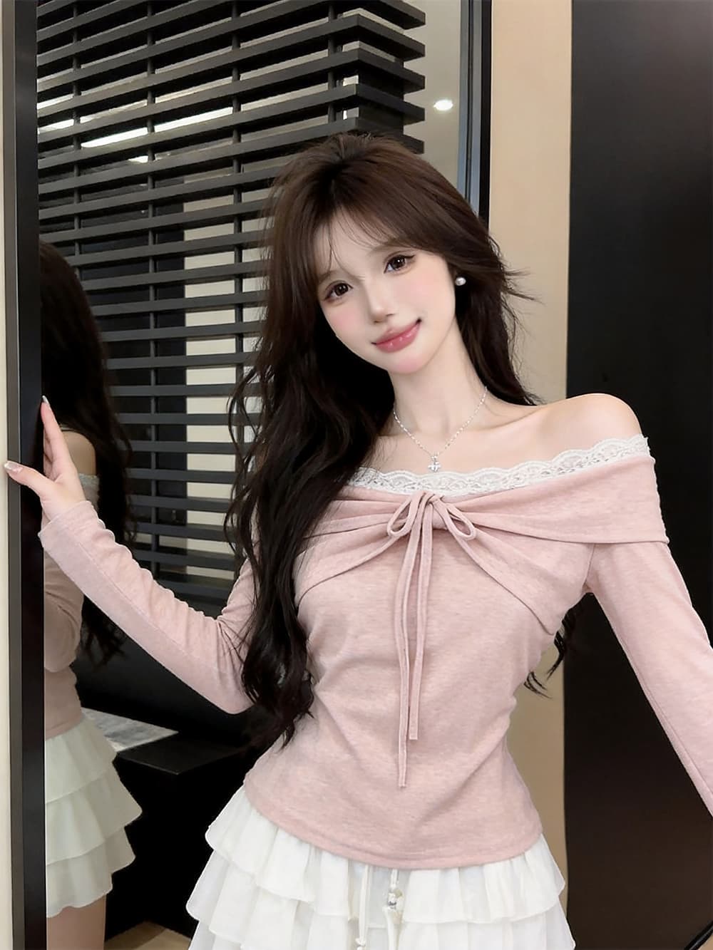 있음 보호 가을 켜기 새로운 순수한 욕망 레이스 조각 섹시함 오프숄더 긴팔 티셔츠 여성 몸매 가꾸기 맨위 기본 셔츠