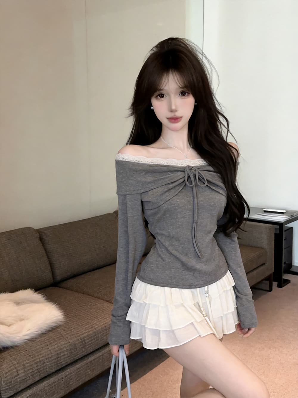 있음 보호 가을 켜기 새로운 순수한 욕망 레이스 조각 섹시함 오프숄더 긴팔 티셔츠 여성 몸매 가꾸기 맨위 기본 셔츠 이미지 2