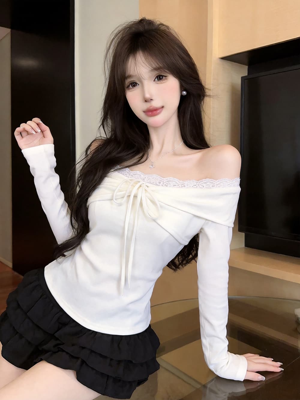 있음 보호 가을 켜기 새로운 순수한 욕망 레이스 조각 섹시함 오프숄더 긴팔 티셔츠 여성 몸매 가꾸기 맨위 기본 셔츠 이미지 3