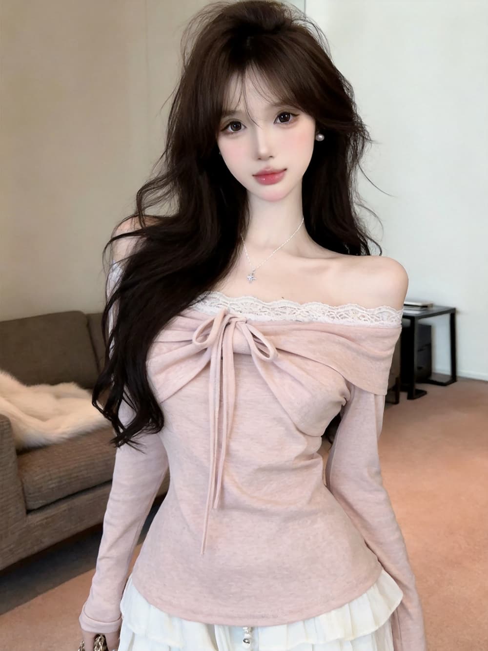 있음 보호 가을 켜기 새로운 순수한 욕망 레이스 조각 섹시함 오프숄더 긴팔 티셔츠 여성 몸매 가꾸기 맨위 기본 셔츠 이미지 4