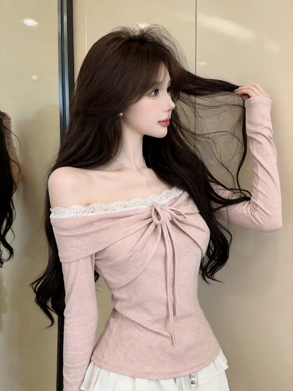 있음 보호 가을 켜기 새로운 순수한 욕망 레이스 조각 섹시함 오프숄더 긴팔 티셔츠 여성 몸매 가꾸기 맨위 기본 셔츠 상세 이미지 2