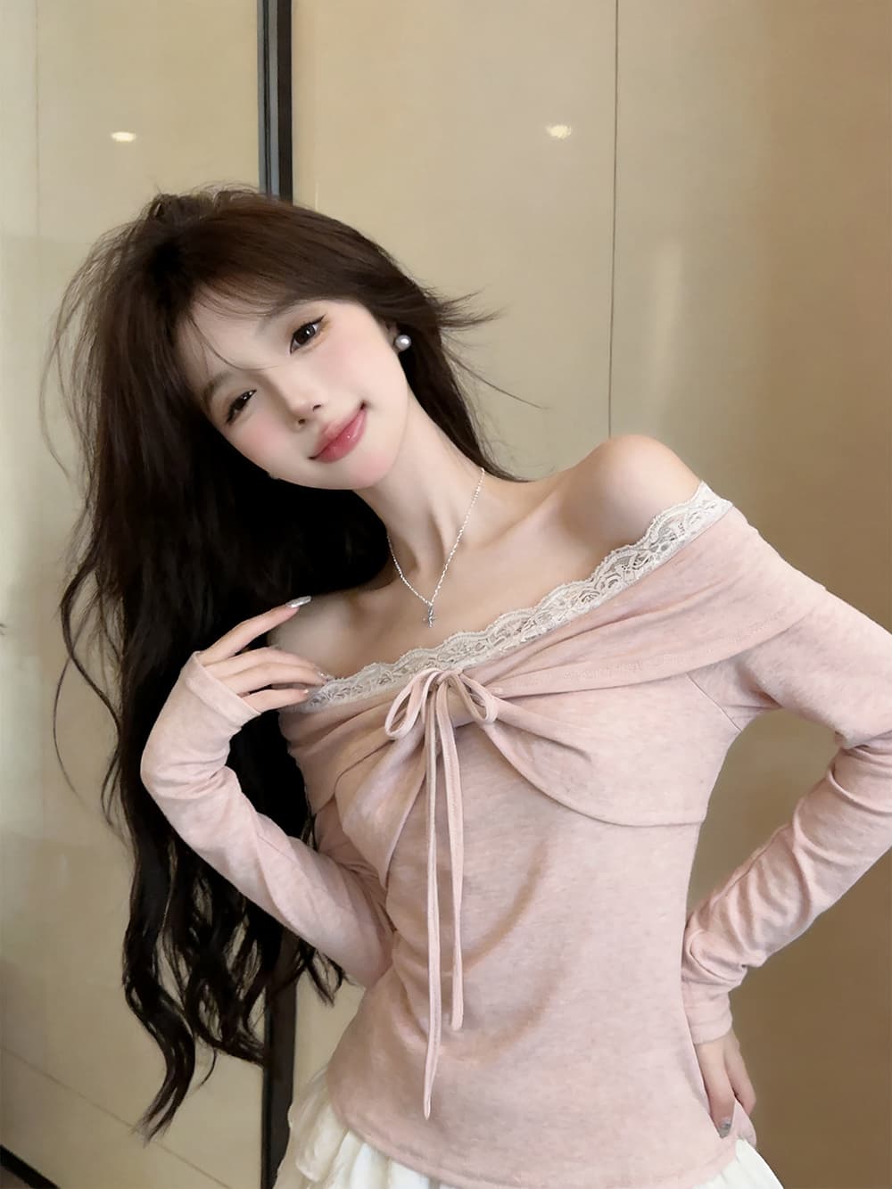 있음 보호 가을 켜기 새로운 순수한 욕망 레이스 조각 섹시함 오프숄더 긴팔 티셔츠 여성 몸매 가꾸기 맨위 기본 셔츠 상세 이미지 3