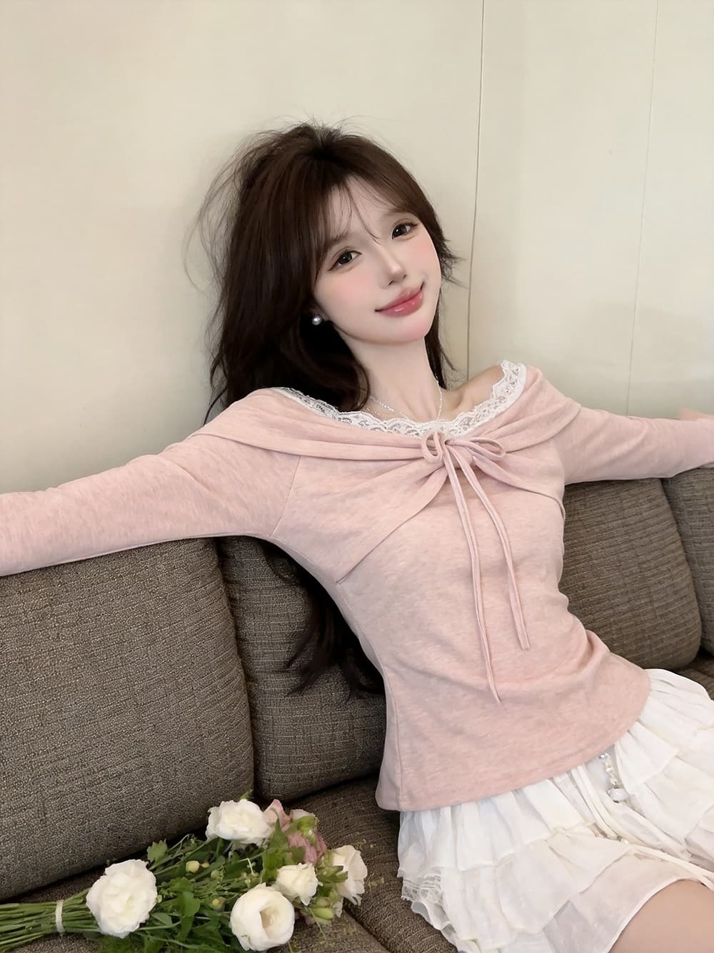 있음 보호 가을 켜기 새로운 순수한 욕망 레이스 조각 섹시함 오프숄더 긴팔 티셔츠 여성 몸매 가꾸기 맨위 기본 셔츠 상세 이미지 5
