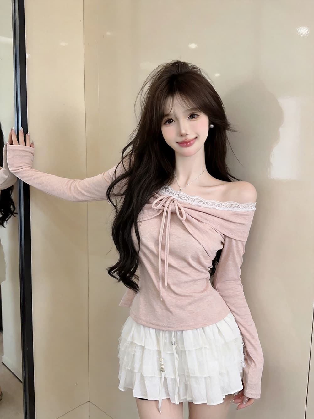 있음 보호 가을 켜기 새로운 순수한 욕망 레이스 조각 섹시함 오프숄더 긴팔 티셔츠 여성 몸매 가꾸기 맨위 기본 셔츠 상세 이미지 6
