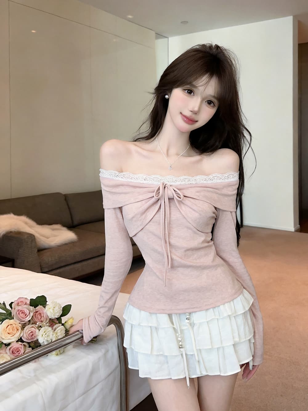 있음 보호 가을 켜기 새로운 순수한 욕망 레이스 조각 섹시함 오프숄더 긴팔 티셔츠 여성 몸매 가꾸기 맨위 기본 셔츠 상세 이미지 7