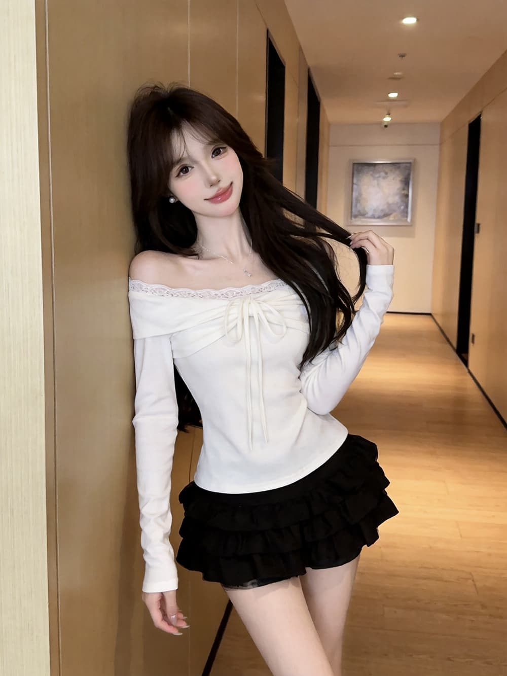 있음 보호 가을 켜기 새로운 순수한 욕망 레이스 조각 섹시함 오프숄더 긴팔 티셔츠 여성 몸매 가꾸기 맨위 기본 셔츠 상세 이미지 13