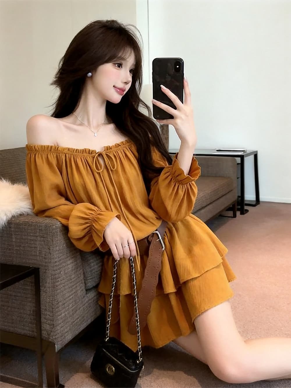 있음 보호 가을 켜기 새로운 부드러운 품격 레이스업 오프숄더 나팔 긴팔 루즈핏 여성 드레스 벨트 상세 이미지 1