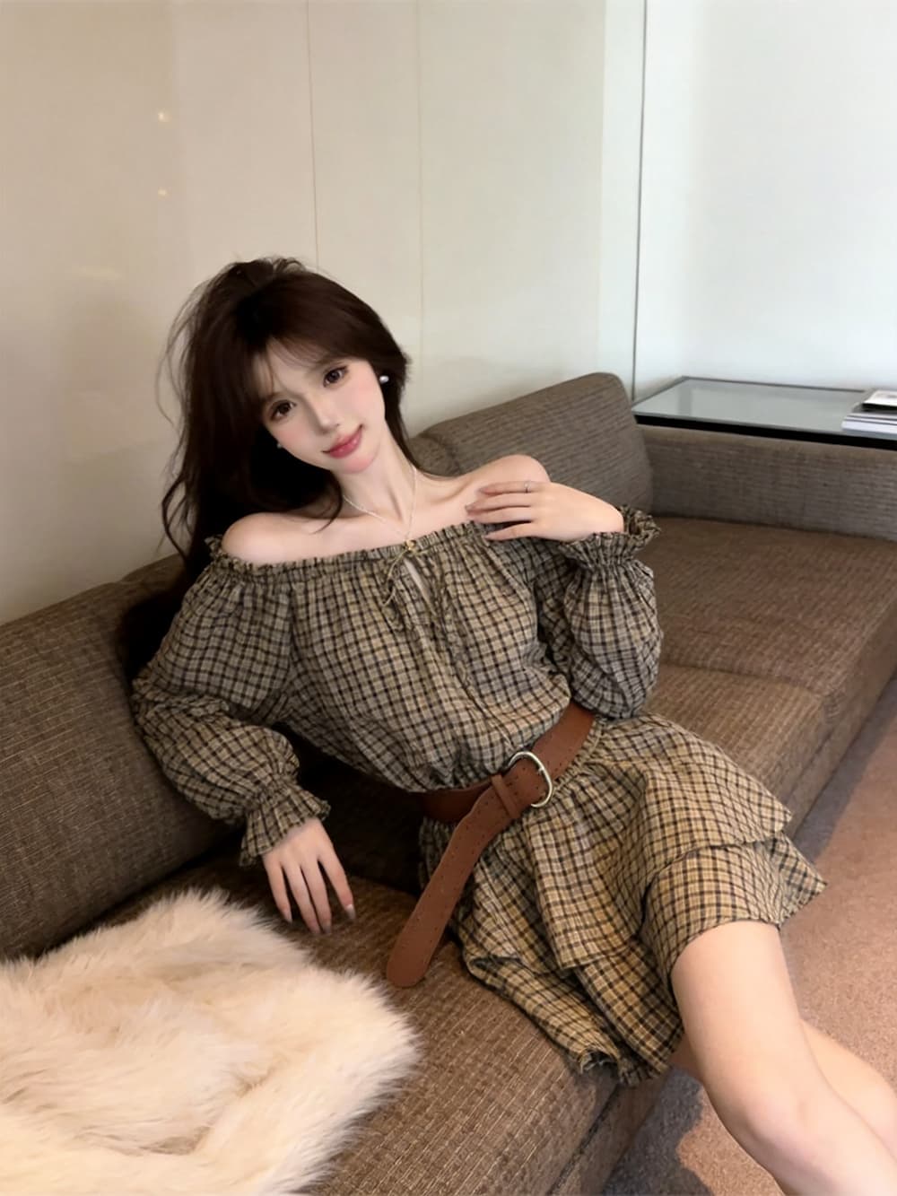 있음 보호 가을 켜기 새로운 부드러운 품격 레이스업 오프숄더 나팔 긴팔 루즈핏 여성 드레스 벨트 상세 이미지 6