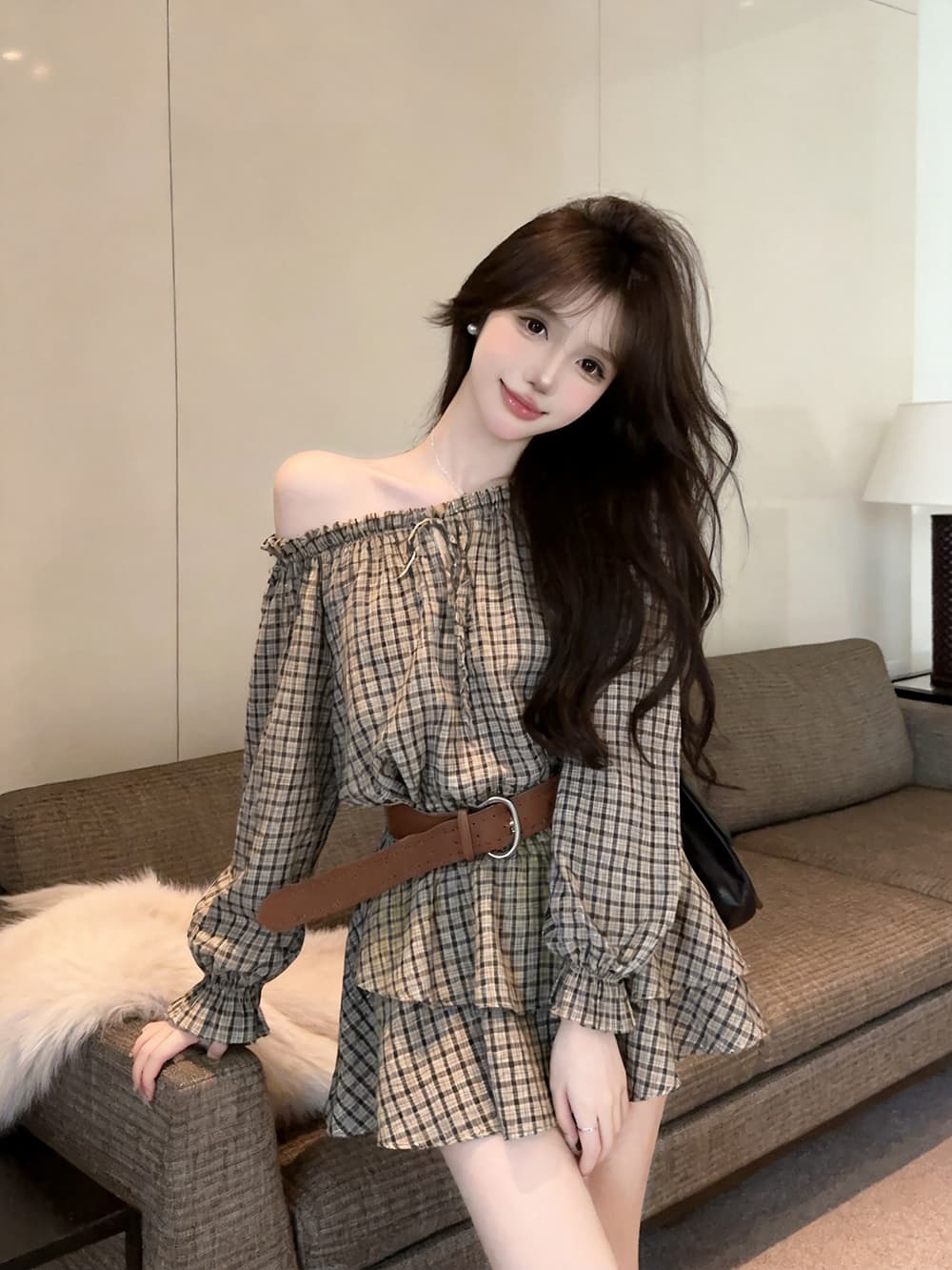 있음 보호 가을 켜기 새로운 부드러운 품격 레이스업 오프숄더 나팔 긴팔 루즈핏 여성 드레스 벨트 상세 이미지 12