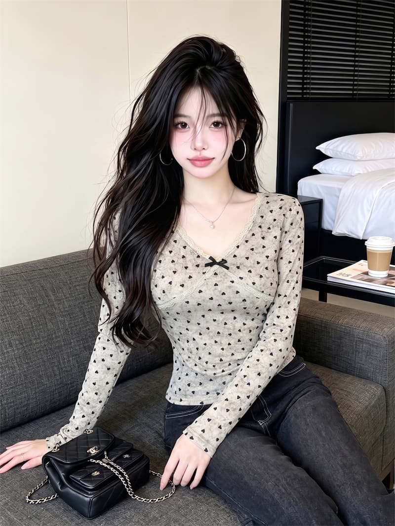 있음 보호 가을 켜기 새로운 섹시함 순수한 욕망 핫걸 레이스 레이스 V넥 긴팔 티셔츠 여성 몸매 가꾸기 맨위 인사이드 가져 가라. 상세 이미지 1