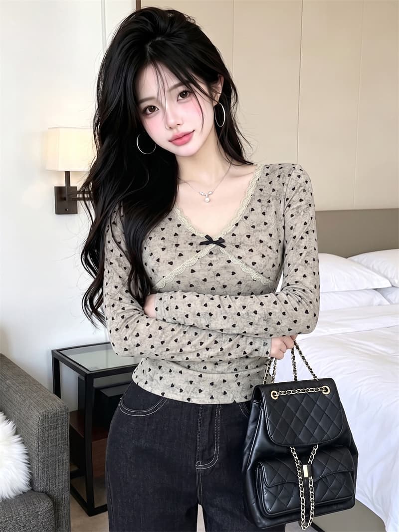 있음 보호 가을 켜기 새로운 섹시함 순수한 욕망 핫걸 레이스 레이스 V넥 긴팔 티셔츠 여성 몸매 가꾸기 맨위 인사이드 가져 가라. 상세 이미지 3