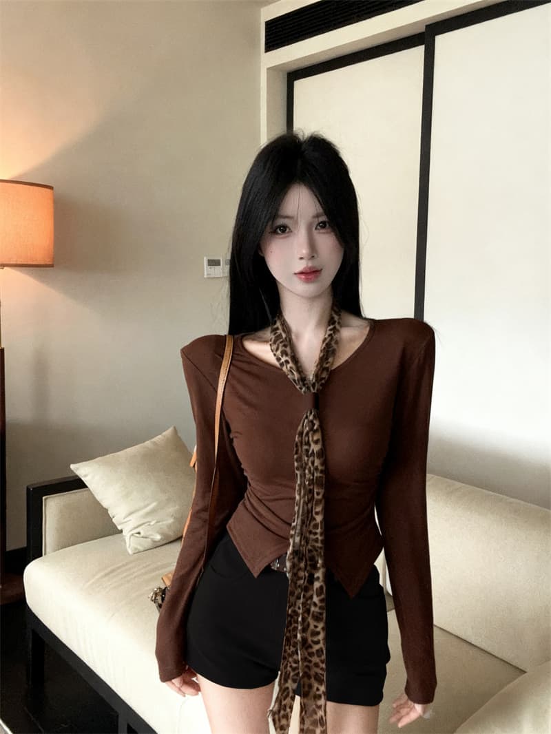 실사 가을 켜기 새로운 핫걸 레트로 레오파드 무늬 넥타이 불규칙 몸매 가꾸기 긴팔 티셔츠 여성 몸매 가꾸기 맨위 만나는 이미지 3