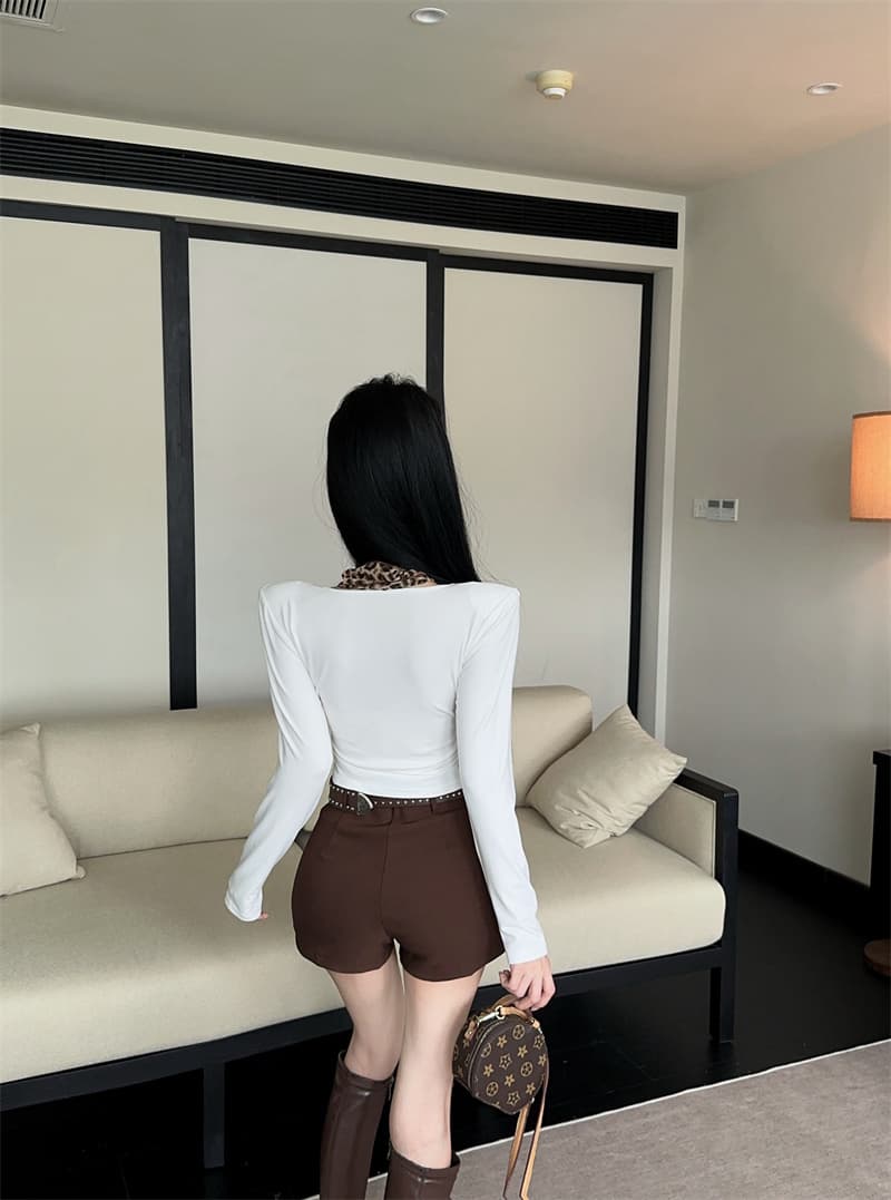 실사 가을 켜기 새로운 핫걸 레트로 레오파드 무늬 넥타이 불규칙 몸매 가꾸기 긴팔 티셔츠 여성 몸매 가꾸기 맨위 만나는 상세 이미지 5