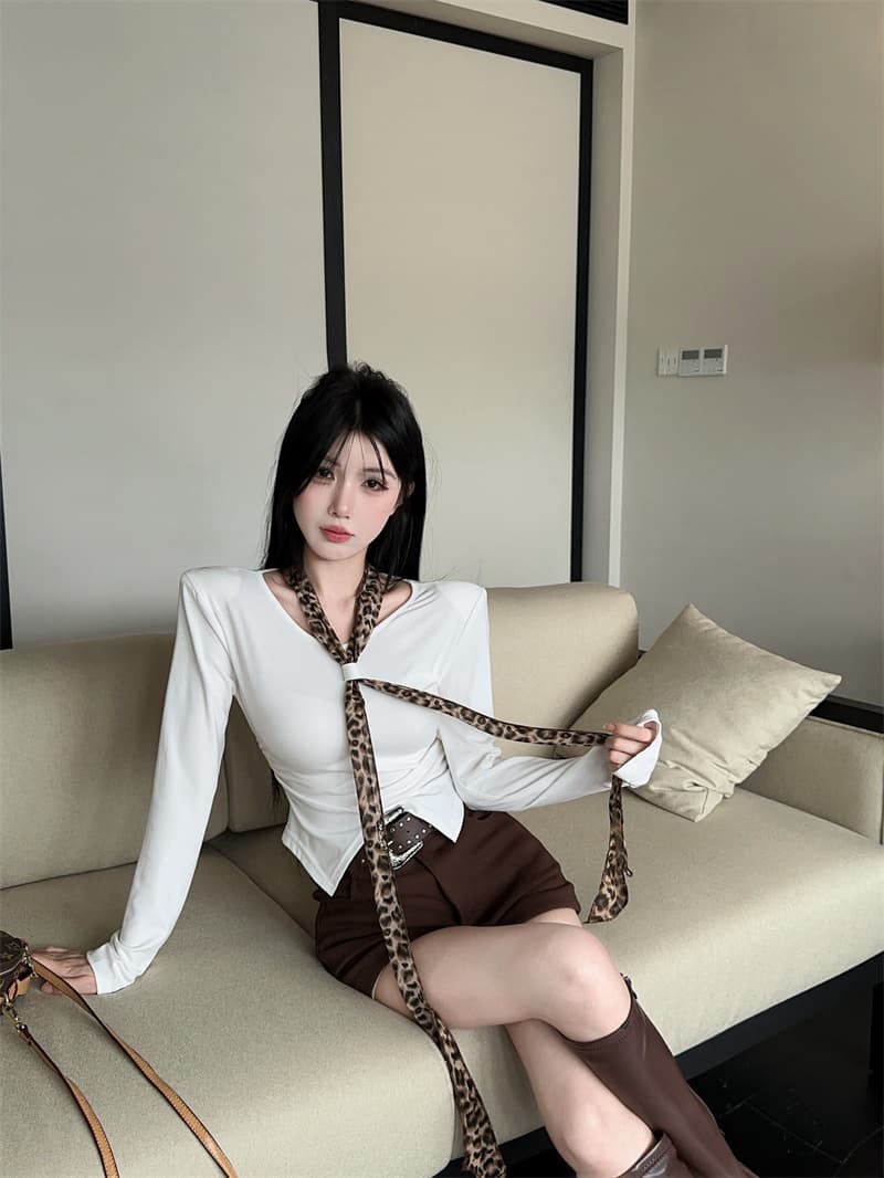 실사 가을 켜기 새로운 핫걸 레트로 레오파드 무늬 넥타이 불규칙 몸매 가꾸기 긴팔 티셔츠 여성 몸매 가꾸기 맨위 만나는 상세 이미지 6