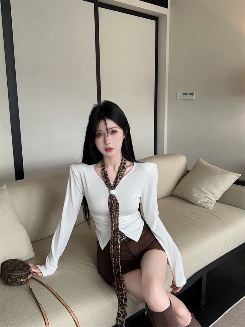 실사 가을 켜기 새로운 핫걸 레트로 레오파드 무늬 넥타이 불규칙 몸매 가꾸기 긴팔 티셔츠 여성 몸매 가꾸기 맨위 만나는 상세 이미지 7