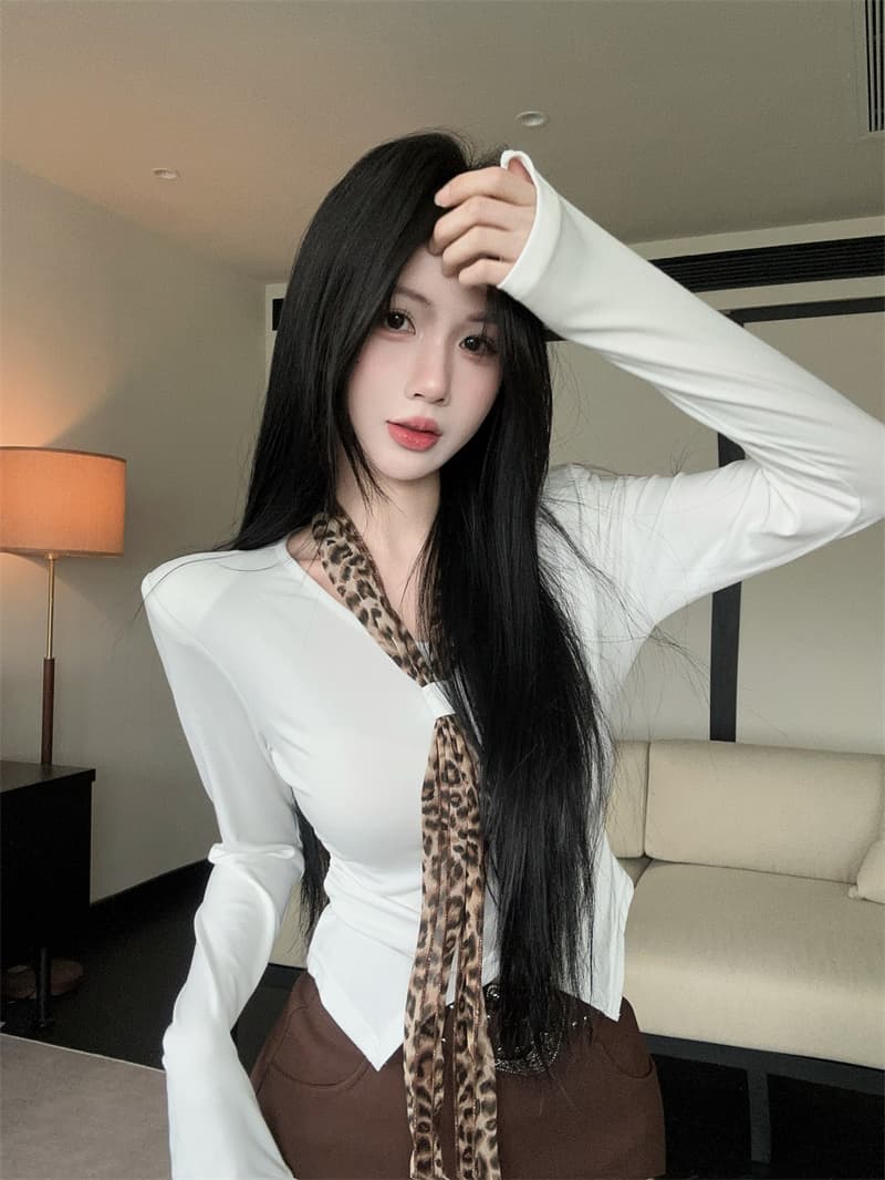 실사 가을 켜기 새로운 핫걸 레트로 레오파드 무늬 넥타이 불규칙 몸매 가꾸기 긴팔 티셔츠 여성 몸매 가꾸기 맨위 만나는 상세 이미지 11