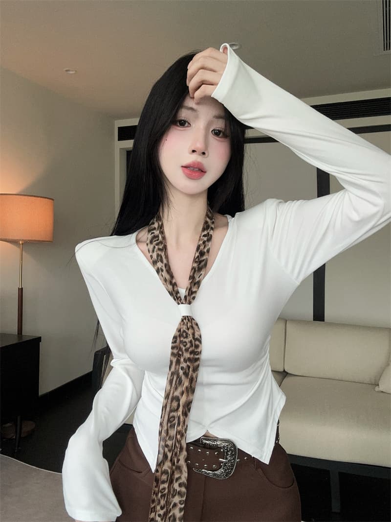 실사 가을 켜기 새로운 핫걸 레트로 레오파드 무늬 넥타이 불규칙 몸매 가꾸기 긴팔 티셔츠 여성 몸매 가꾸기 맨위 만나는 상세 이미지 12