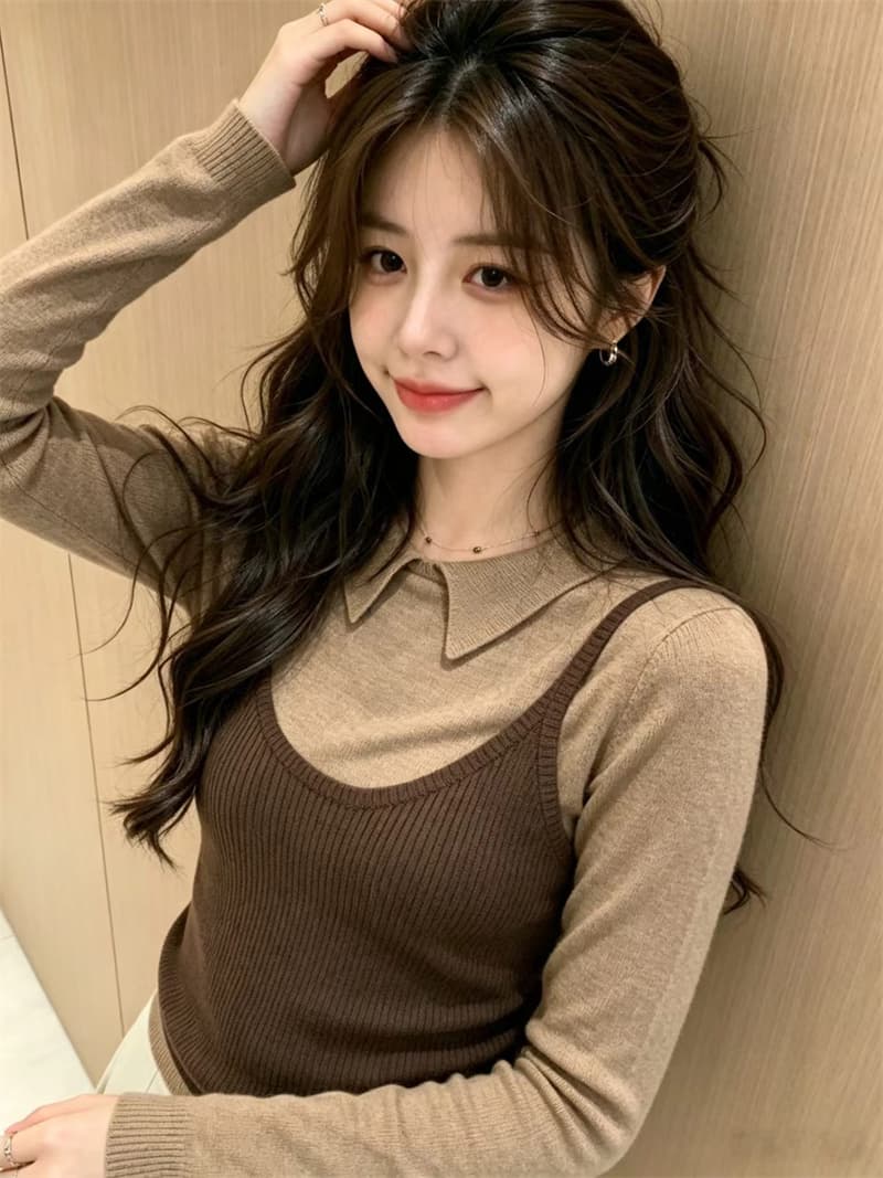 있음 보호 가을 켜기 새로운 한 부서 미니멀리즘 캐주얼 품격 투피스 세트 여성 긴 소매 니트 스웨터 캐미솔 상세 이미지 8