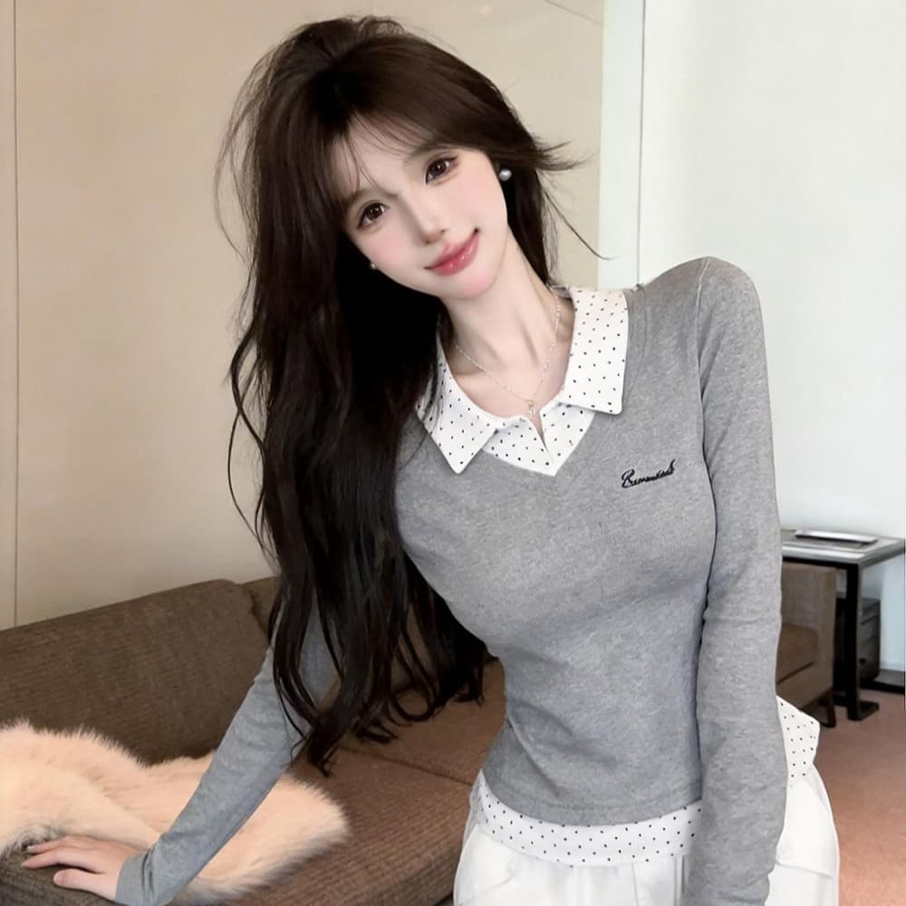 실사 가을 켜기 새로운 높음 지혜 센스 패션 페이크 레이어드 배색 긴팔 여성 셔츠 학원 스타일 티셔츠 맨위 만나는 이미지 5