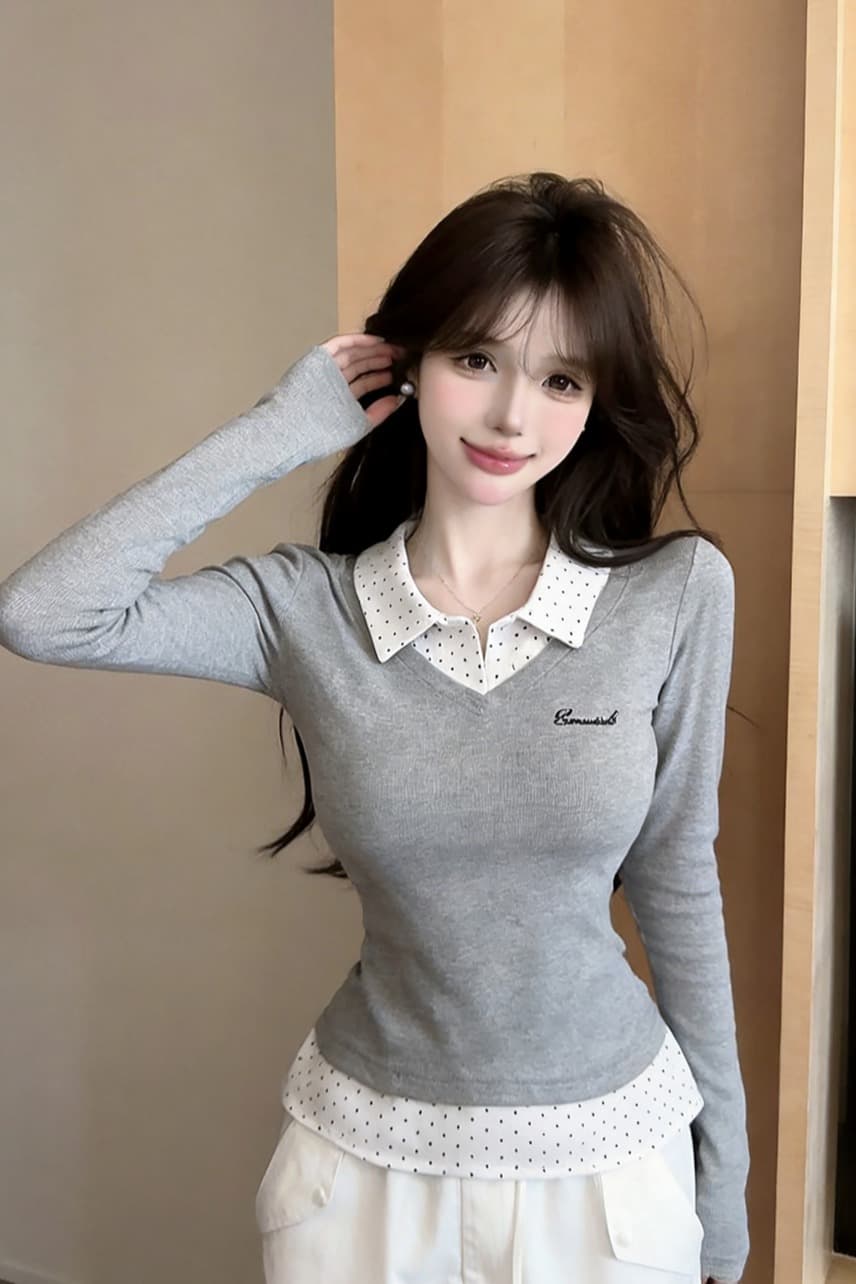 실사 가을 켜기 새로운 높음 지혜 센스 패션 페이크 레이어드 배색 긴팔 여성 셔츠 학원 스타일 티셔츠 맨위 만나는 이미지 6