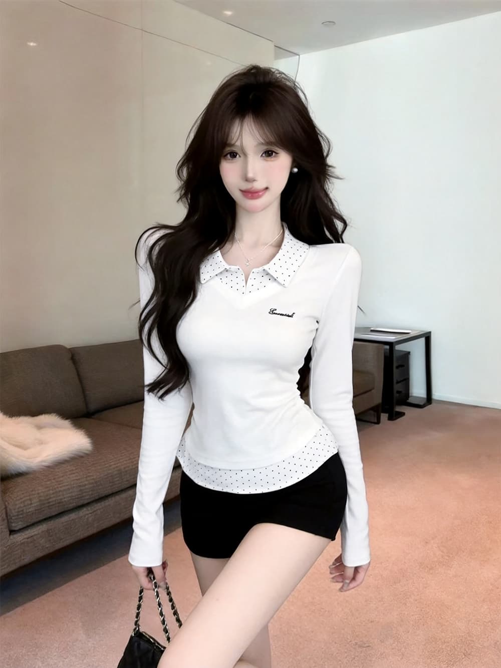 실사 가을 켜기 새로운 높음 지혜 센스 패션 페이크 레이어드 배색 긴팔 여성 셔츠 학원 스타일 티셔츠 맨위 만나는 상세 이미지 1