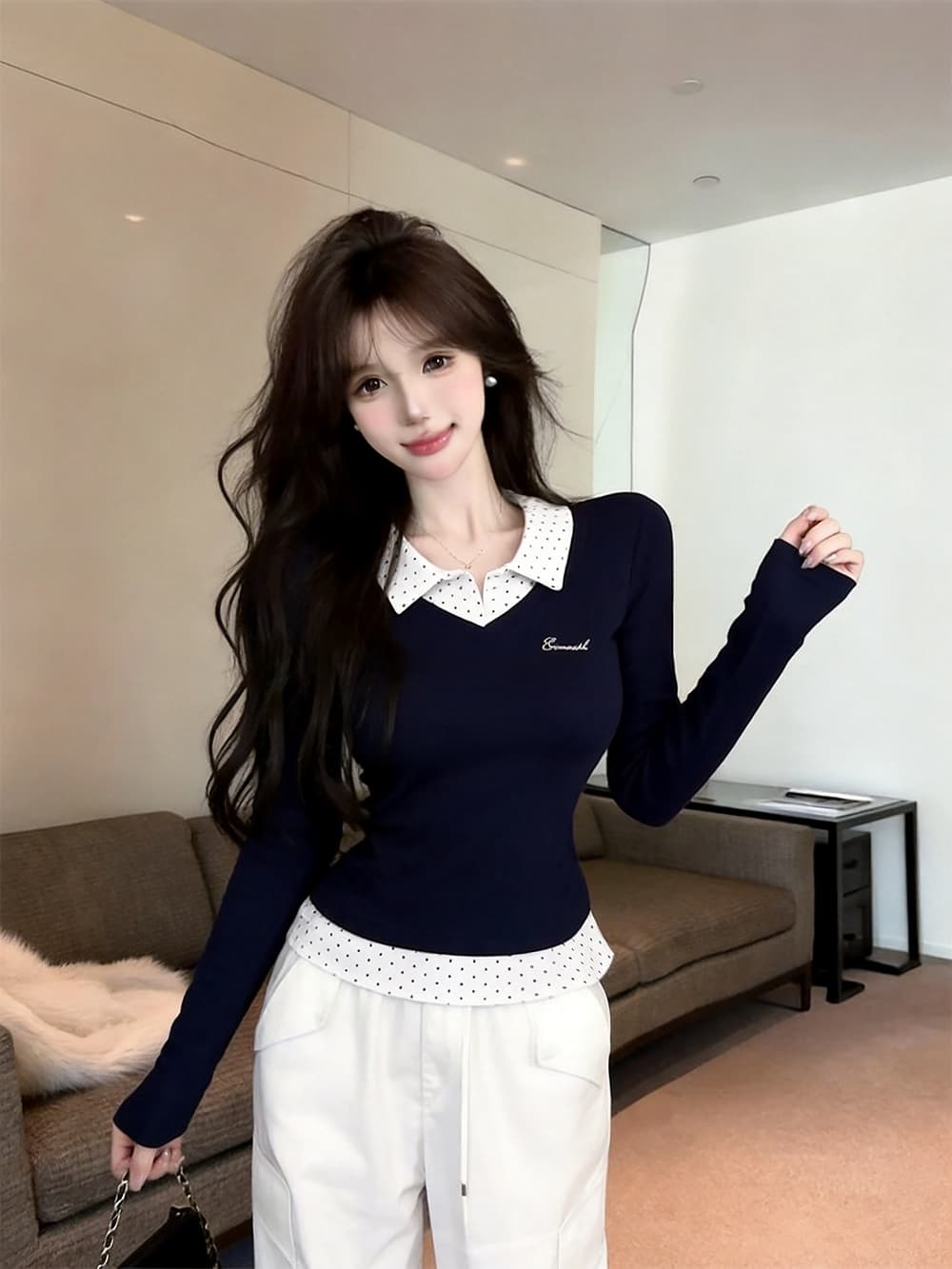 실사 가을 켜기 새로운 높음 지혜 센스 패션 페이크 레이어드 배색 긴팔 여성 셔츠 학원 스타일 티셔츠 맨위 만나는 상세 이미지 5