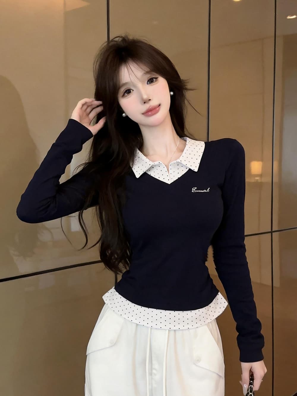 실사 가을 켜기 새로운 높음 지혜 센스 패션 페이크 레이어드 배색 긴팔 여성 셔츠 학원 스타일 티셔츠 맨위 만나는 상세 이미지 8