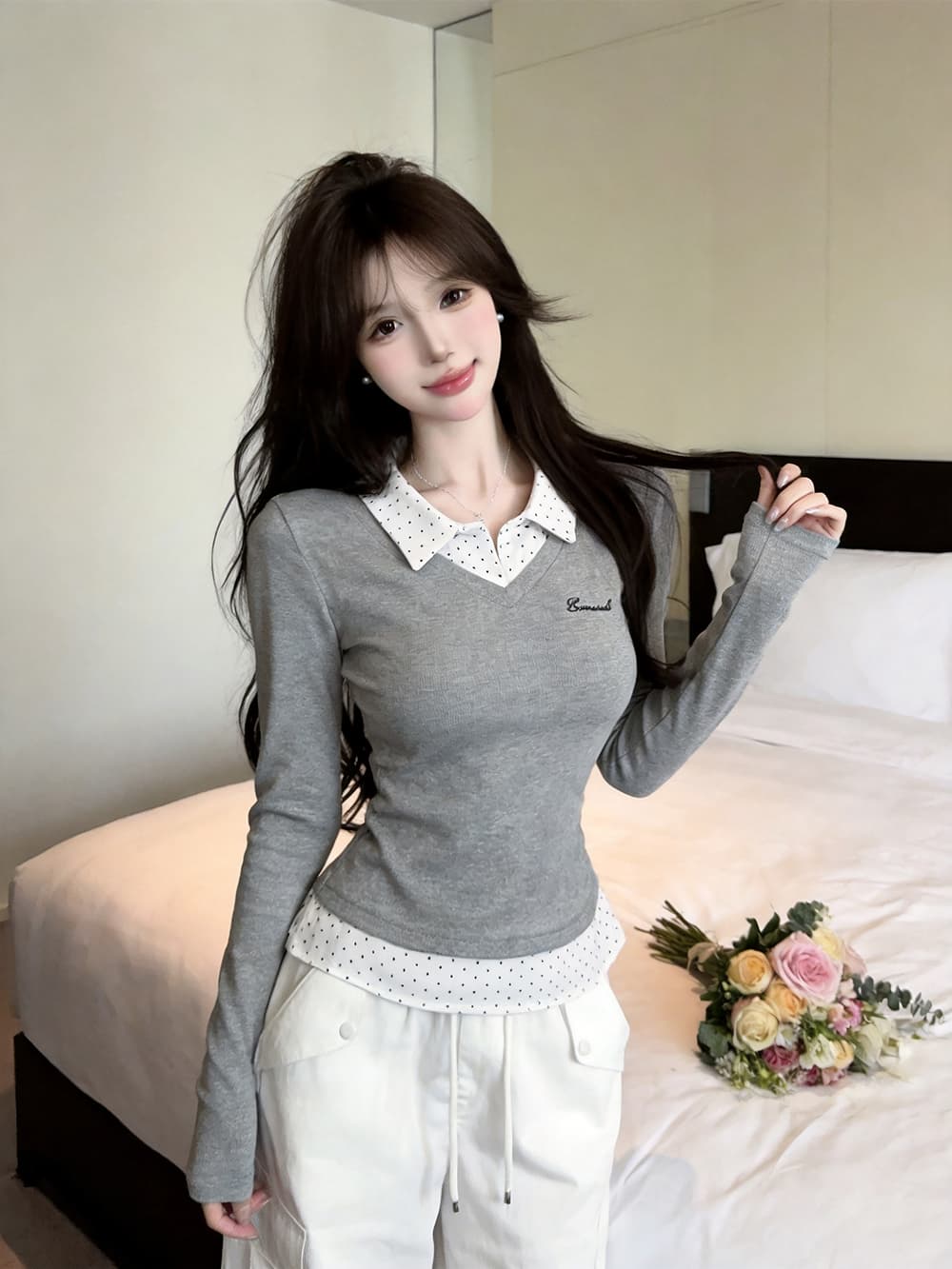 실사 가을 켜기 새로운 높음 지혜 센스 패션 페이크 레이어드 배색 긴팔 여성 셔츠 학원 스타일 티셔츠 맨위 만나는 상세 이미지 16