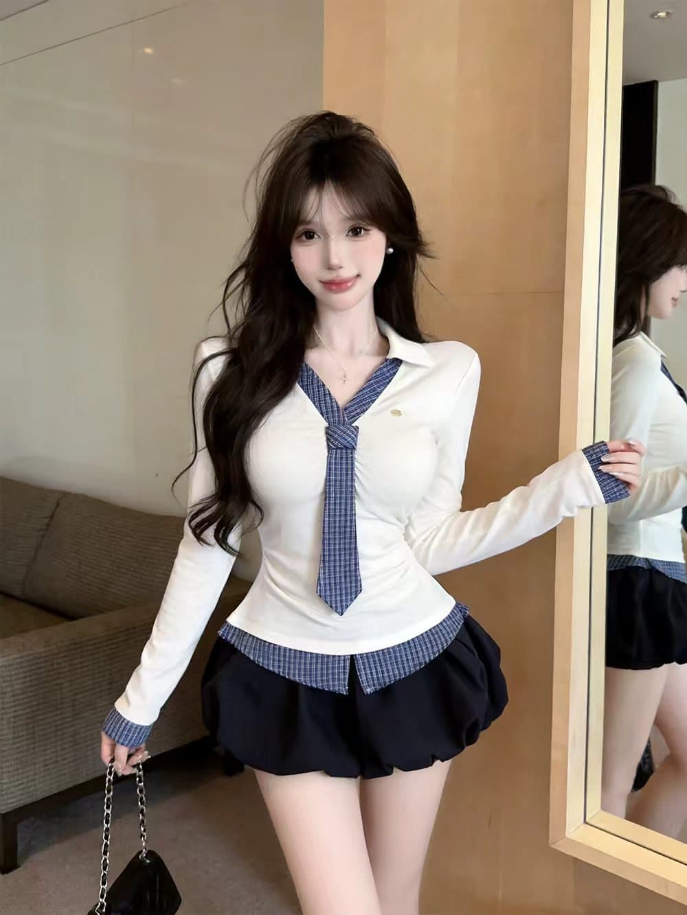 있음 보호 가을 켜기 새로운 학원 스타일 배색 넥타이 긴팔 티셔츠 여성 주름 허리 수축 페이크 레이어드 맨위 여성 이미지 2