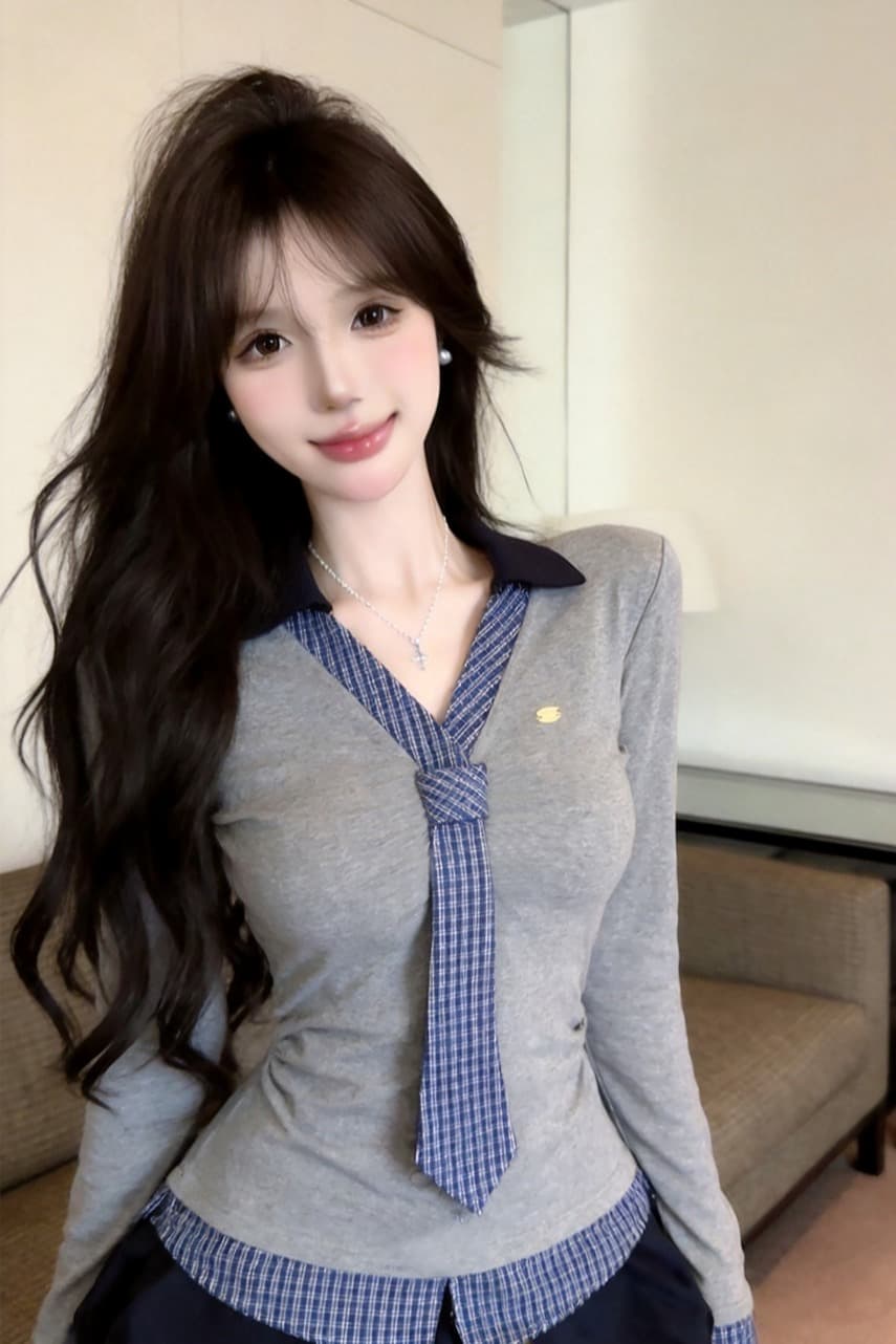 있음 보호 가을 켜기 새로운 학원 스타일 배색 넥타이 긴팔 티셔츠 여성 주름 허리 수축 페이크 레이어드 맨위 여성 이미지 6