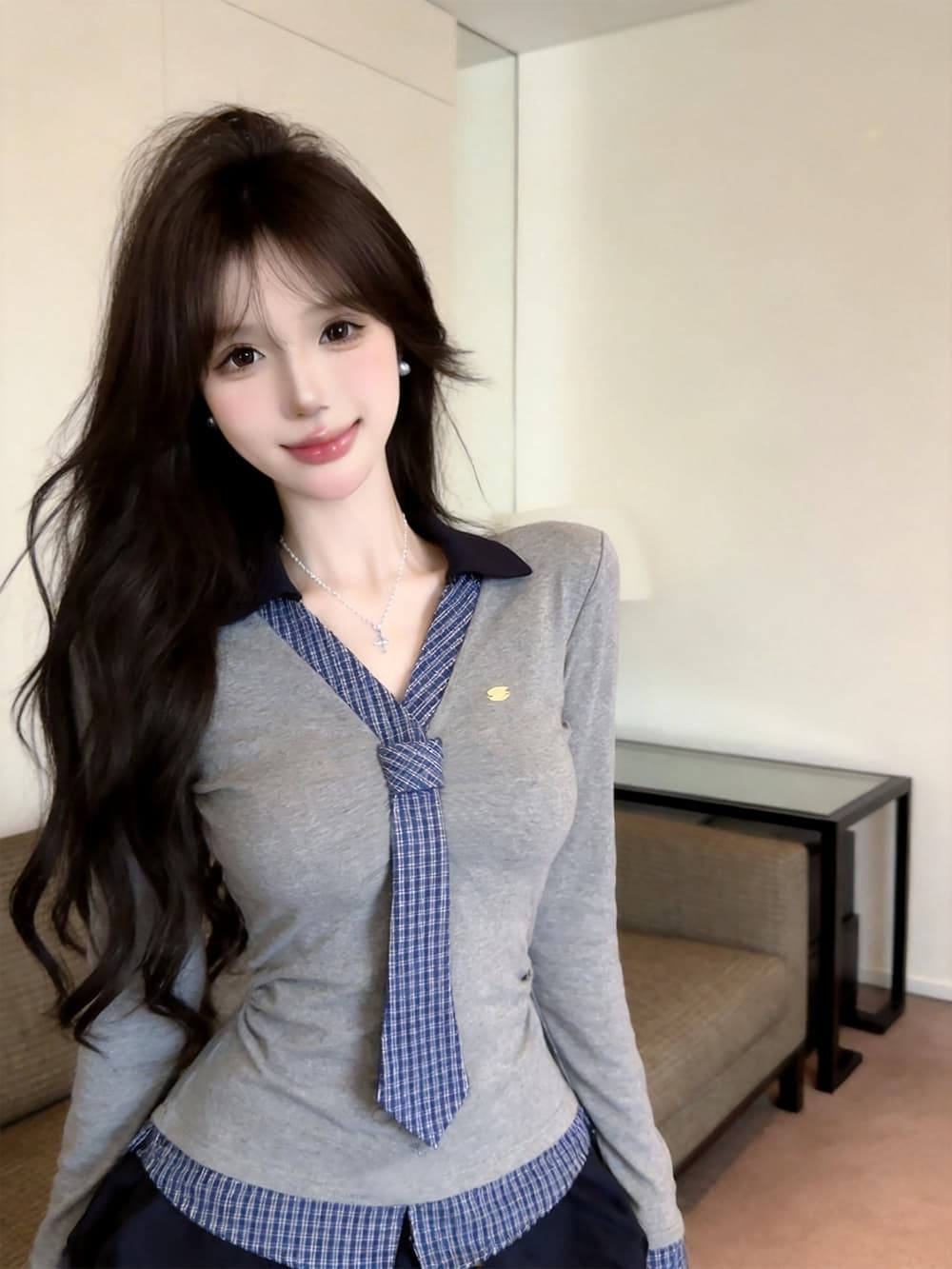 있음 보호 가을 켜기 새로운 학원 스타일 배색 넥타이 긴팔 티셔츠 여성 주름 허리 수축 페이크 레이어드 맨위 여성 상세 이미지 2