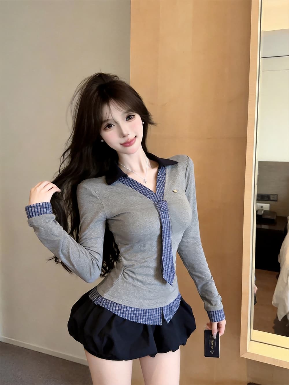 있음 보호 가을 켜기 새로운 학원 스타일 배색 넥타이 긴팔 티셔츠 여성 주름 허리 수축 페이크 레이어드 맨위 여성 상세 이미지 3