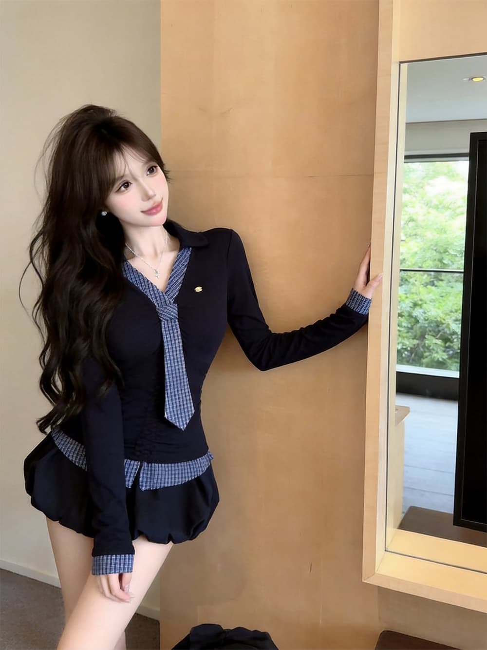 있음 보호 가을 켜기 새로운 학원 스타일 배색 넥타이 긴팔 티셔츠 여성 주름 허리 수축 페이크 레이어드 맨위 여성 상세 이미지 9