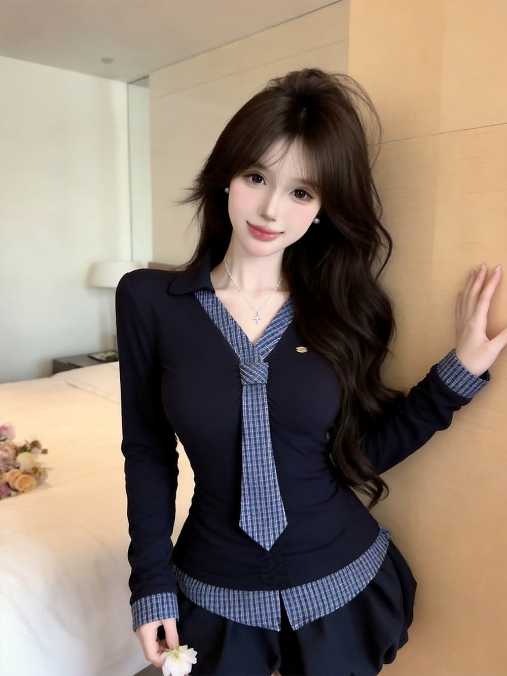 있음 보호 가을 켜기 새로운 학원 스타일 배색 넥타이 긴팔 티셔츠 여성 주름 허리 수축 페이크 레이어드 맨위 여성 상세 이미지 18