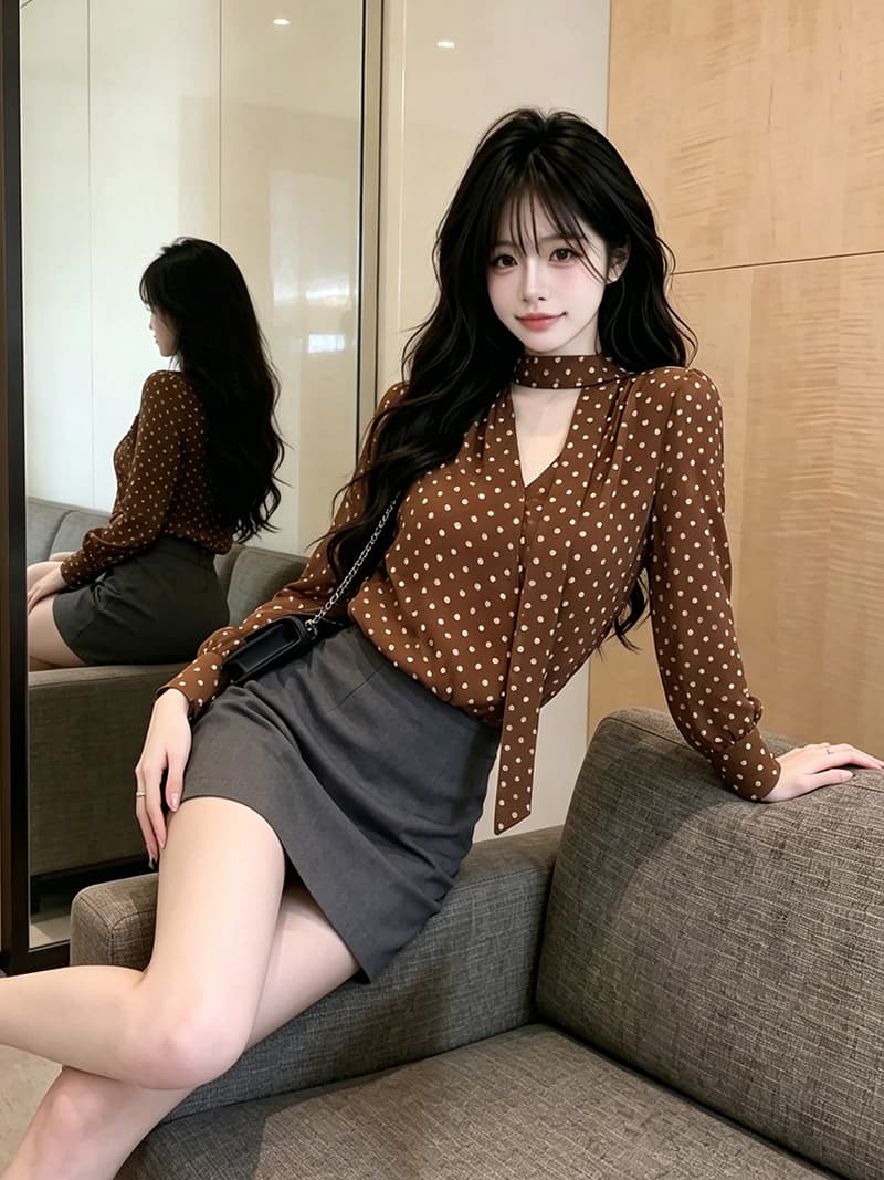 있음 보호 가을 켜기 새로운 프랑스식 품격 리본 쉬폰 블라우스 긴팔 여성 셔츠 루즈핏 느긋한 센스 맨위 이미지 4