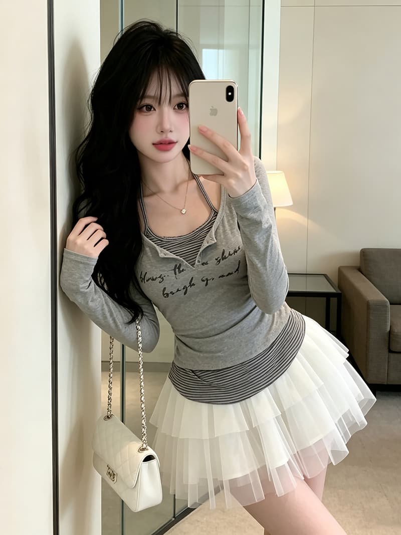 실사 가을 켜기 새로운 순수한 욕망 배색 스트라이프 페이크 레이어드 긴팔 티셔츠 여성 주름 허리 수축 프린트 맨위 작은 셔츠