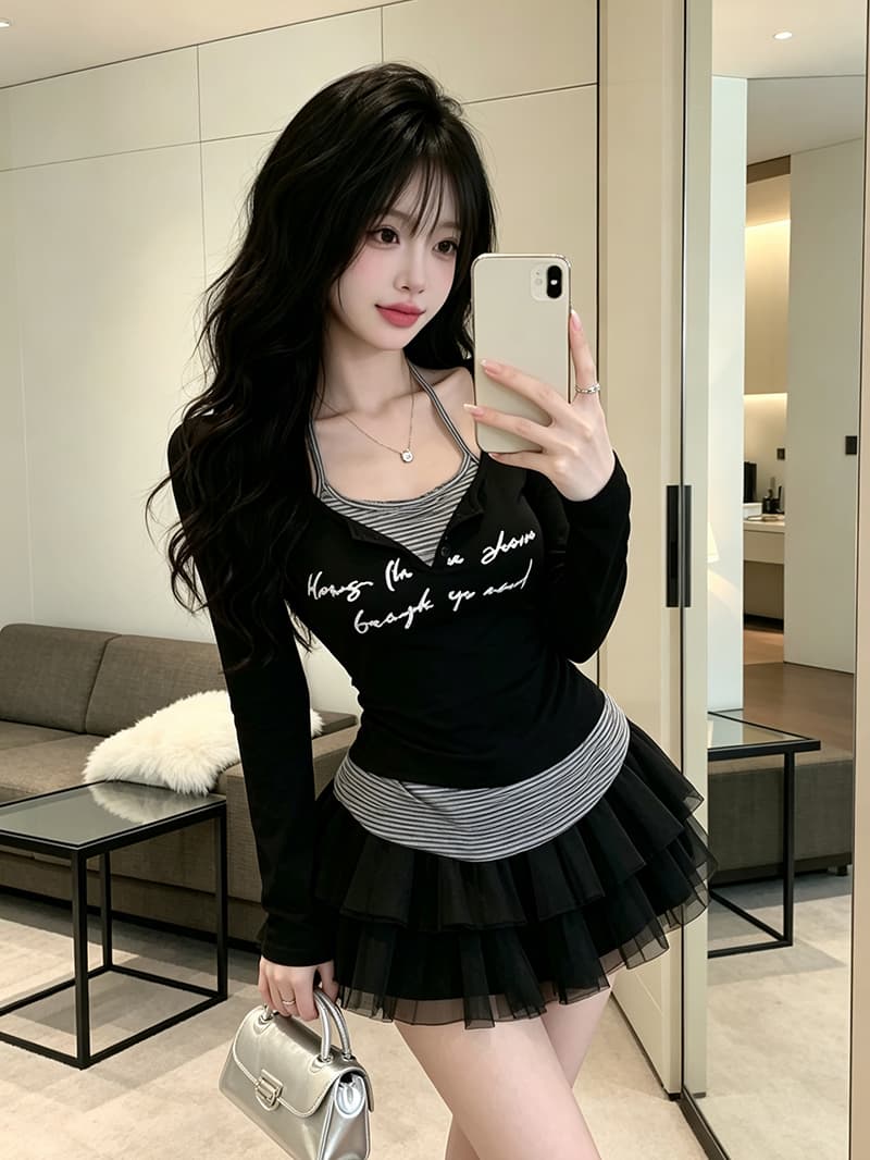 실사 가을 켜기 새로운 순수한 욕망 배색 스트라이프 페이크 레이어드 긴팔 티셔츠 여성 주름 허리 수축 프린트 맨위 작은 셔츠 상세 이미지 7