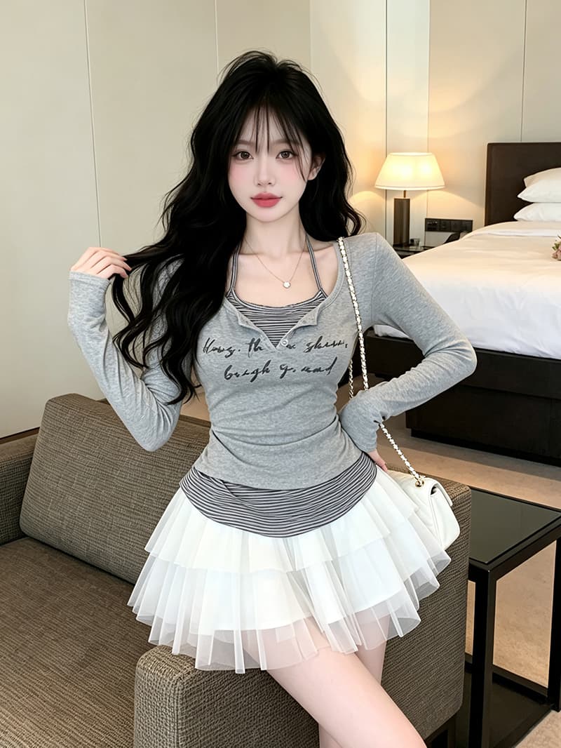 실사 가을 켜기 새로운 순수한 욕망 배색 스트라이프 페이크 레이어드 긴팔 티셔츠 여성 주름 허리 수축 프린트 맨위 작은 셔츠 상세 이미지 13