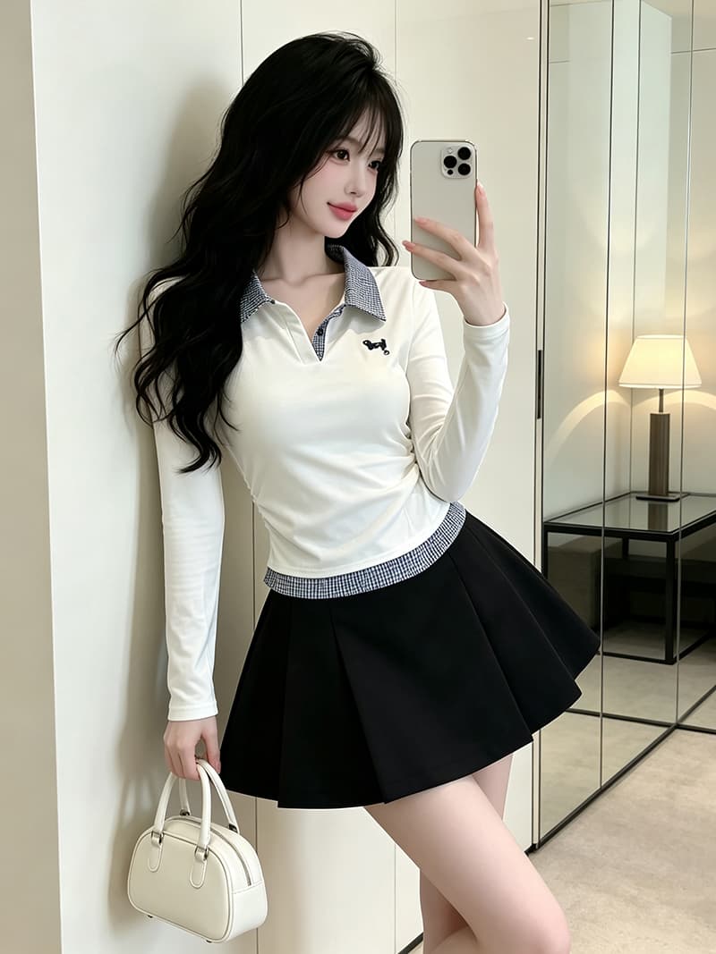 실사 가을 켜기 새로운 한 부서 패션 페이크 레이어드 배색 긴팔 티셔츠 여성 학원 스타일 자수 맨위 기본 셔츠 이미지 3