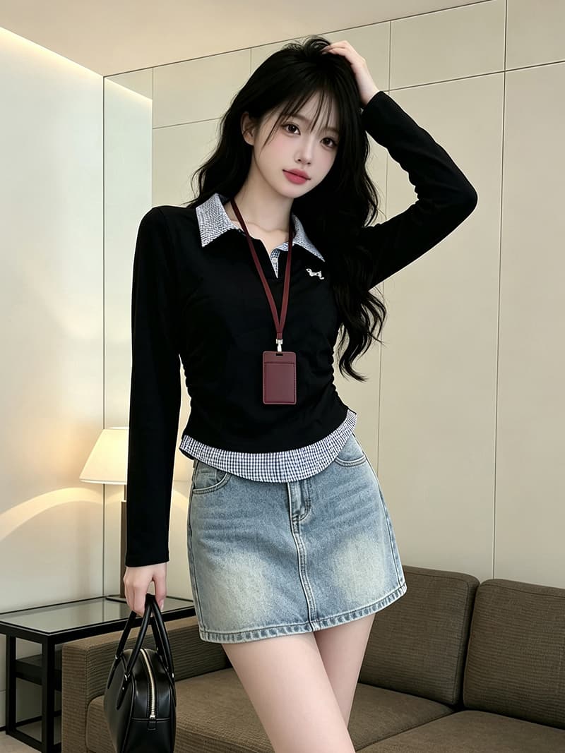 실사 가을 켜기 새로운 한 부서 패션 페이크 레이어드 배색 긴팔 티셔츠 여성 학원 스타일 자수 맨위 기본 셔츠 상세 이미지 7
