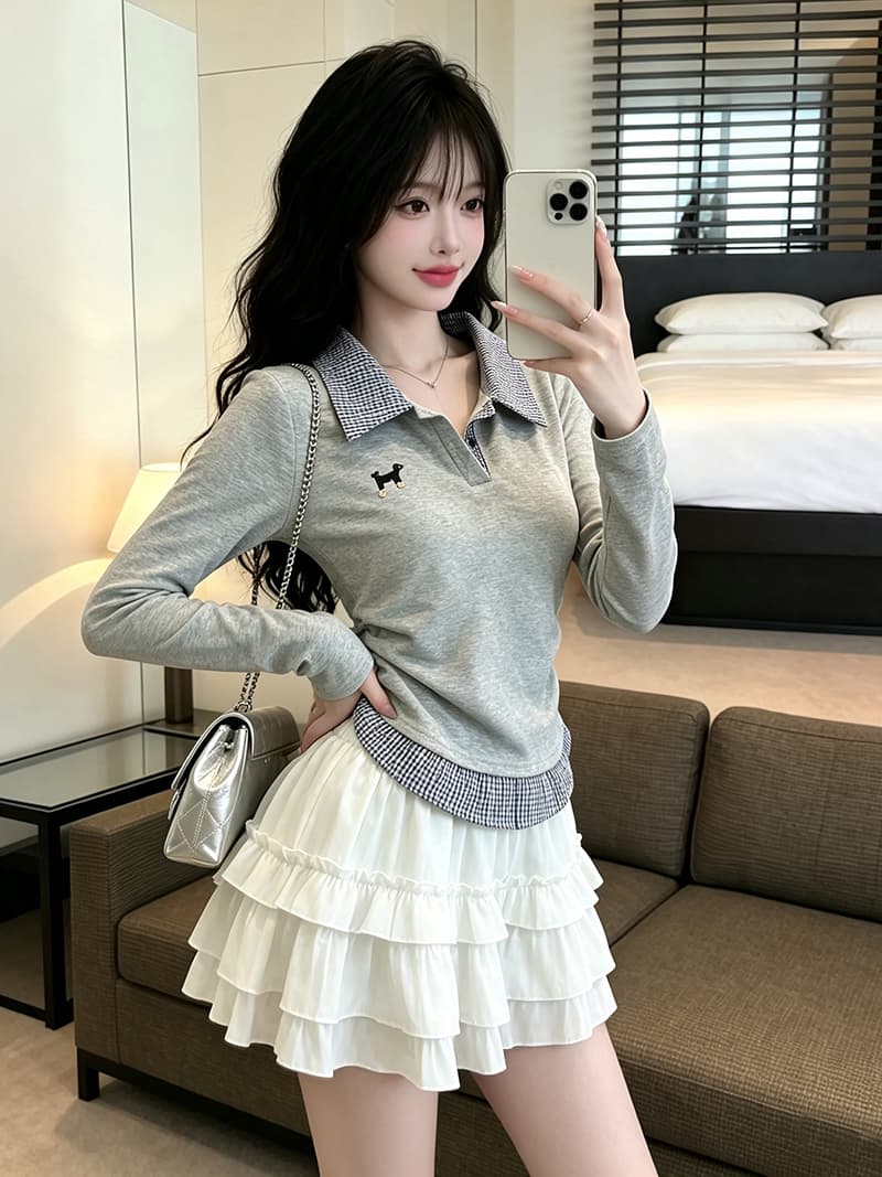 실사 가을 켜기 새로운 한 부서 패션 페이크 레이어드 배색 긴팔 티셔츠 여성 학원 스타일 자수 맨위 기본 셔츠 상세 이미지 14