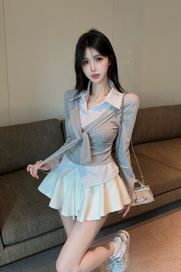 실사 가을 켜기 새로운 한국 스타일 패션 페이크 레이어드 숄 긴팔 패치워크 여성 셔츠 학원 스타일 티셔츠 여성 셔츠 이미지 6