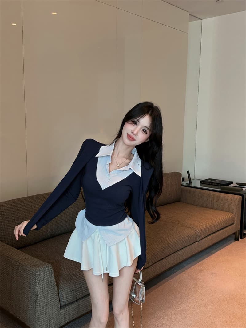 실사 가을 켜기 새로운 한국 스타일 패션 페이크 레이어드 숄 긴팔 패치워크 여성 셔츠 학원 스타일 티셔츠 여성 셔츠 상세 이미지 4