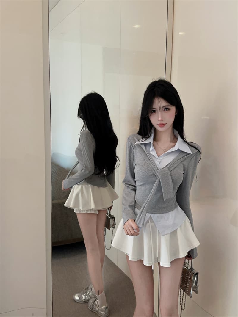 실사 가을 켜기 새로운 한국 스타일 패션 페이크 레이어드 숄 긴팔 패치워크 여성 셔츠 학원 스타일 티셔츠 여성 셔츠 상세 이미지 11