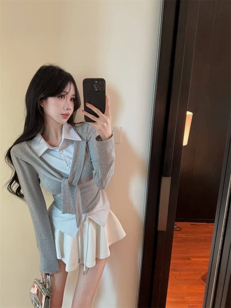 실사 가을 켜기 새로운 한국 스타일 패션 페이크 레이어드 숄 긴팔 패치워크 여성 셔츠 학원 스타일 티셔츠 여성 셔츠 상세 이미지 14