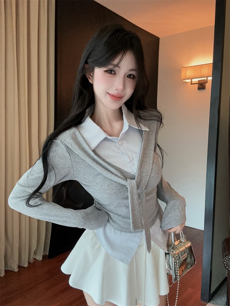 실사 가을 켜기 새로운 한국 스타일 패션 페이크 레이어드 숄 긴팔 패치워크 여성 셔츠 학원 스타일 티셔츠 여성 셔츠 상세 이미지 16